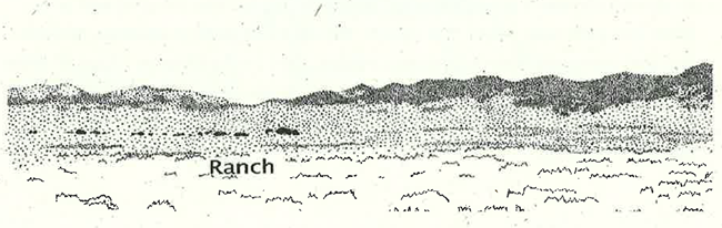 A mountain range with a low valley in the foreground. One area in the valley is labelled “Ranch.”]