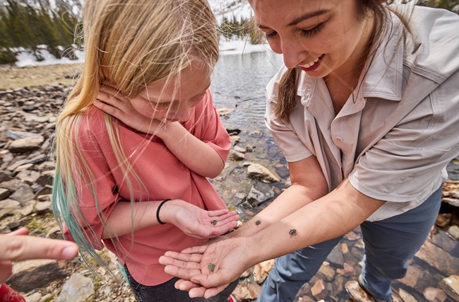 A volunteer holds a few small insects in her hands while a young girl looks on with a big smile.