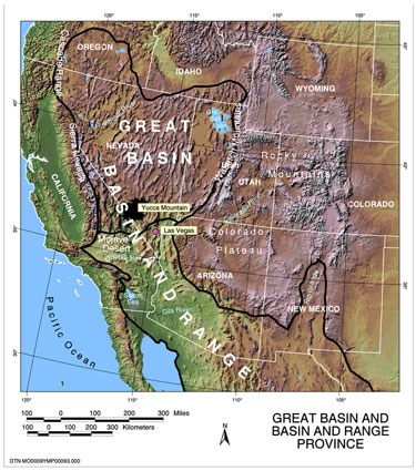 A map of the Great Basin in the Western United States of America.