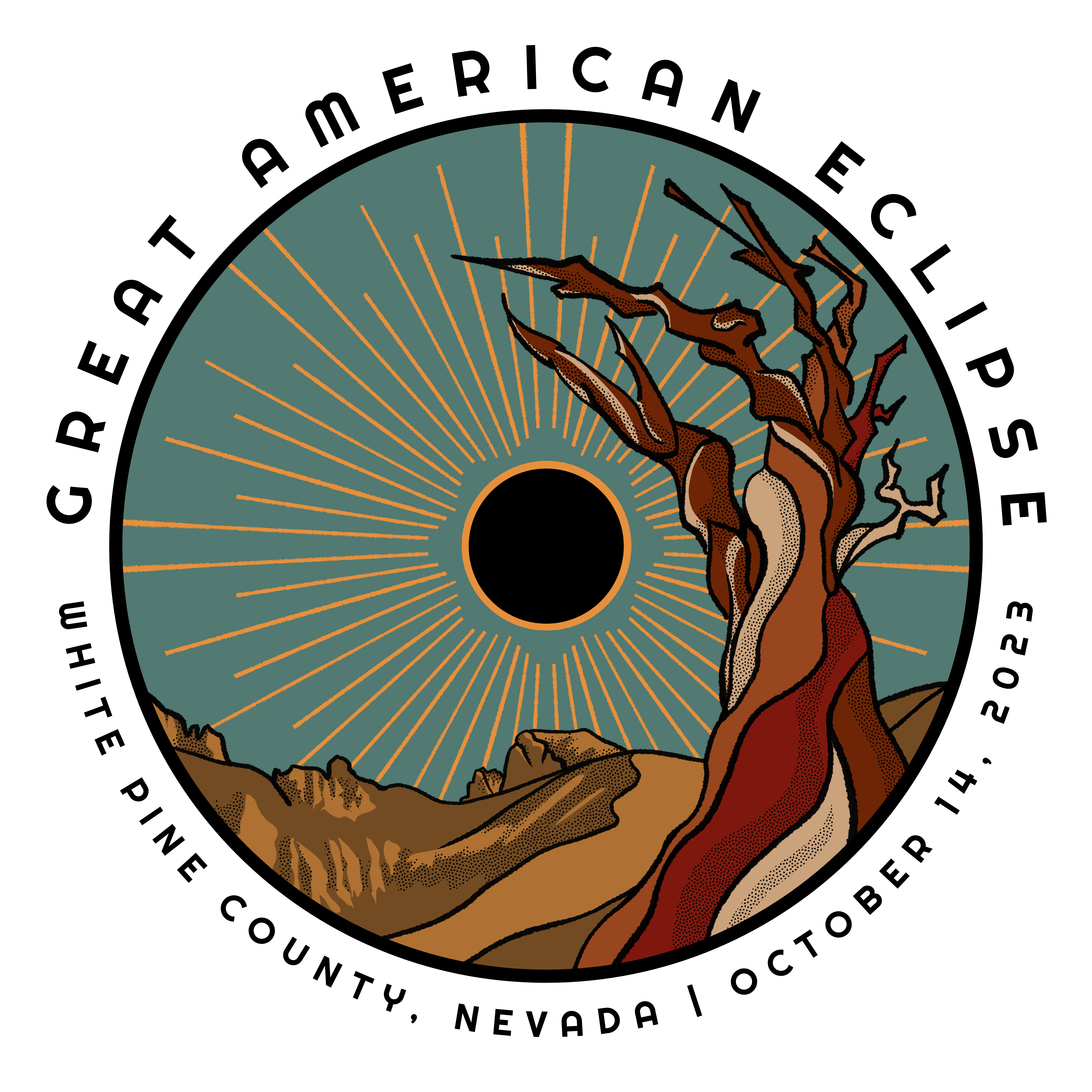 An illustrated brown bristlecone pine stand to the front of a black circle with a thin yellow border and yellow rays emerging from it at various lengths. Text surrounds the circular image saying "Great American Eclipse" above and "White Pine County" below