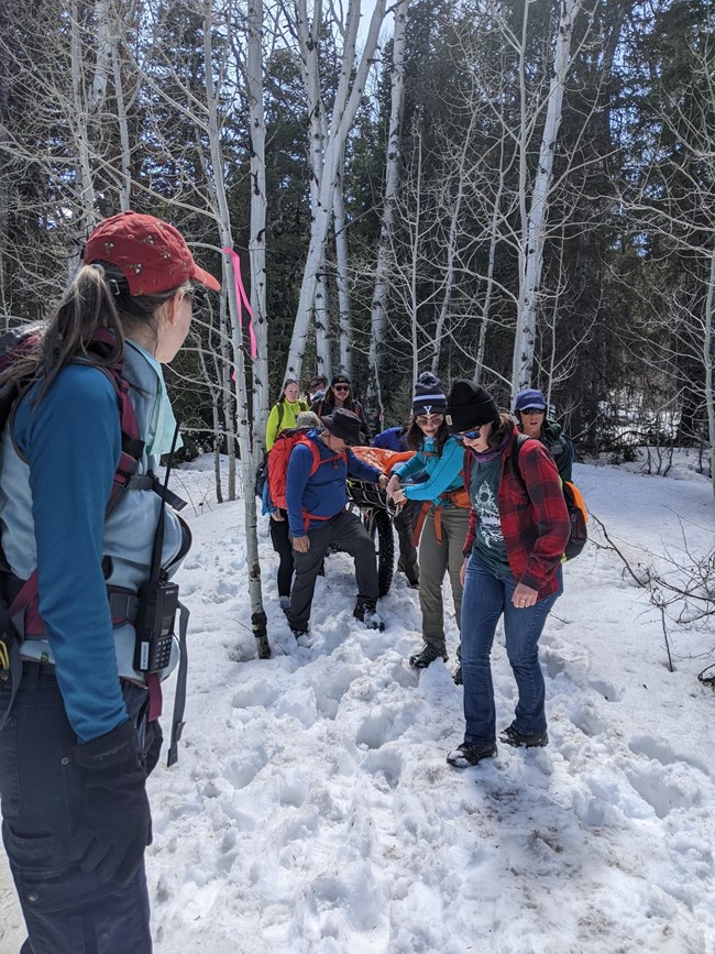 A large group of individuals carries an orange backboard with simulated patient strapped in through deep snow