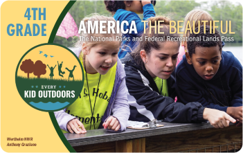 The 2022-2023 Every Kid Outdoors pass. Yellow edge with text "4th Grade" and "Every Kid Outdoors." Accompanying image shows three children pointing.