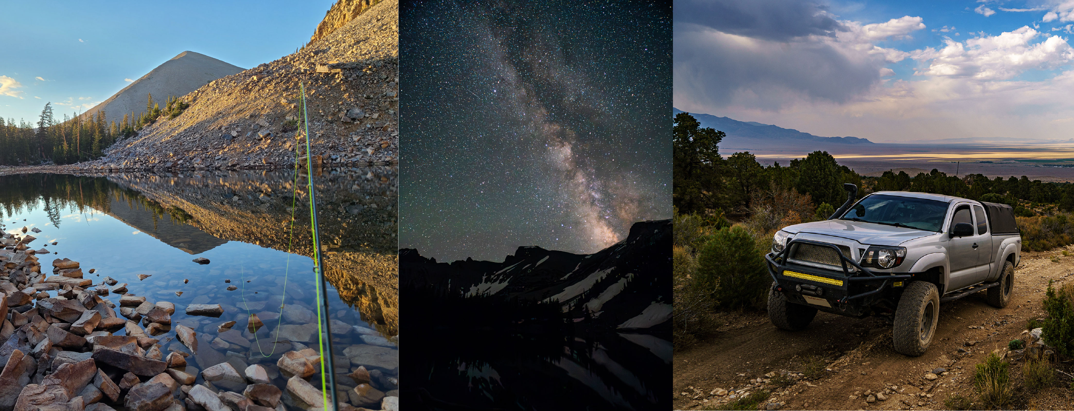 A banner image of three photos horizontally placed. From left to right, the left image shows a fishing pole in front of a lake with a mountain behind. Middle is of the milky way arcing above a mountain, and a truck on trail in before a valley
