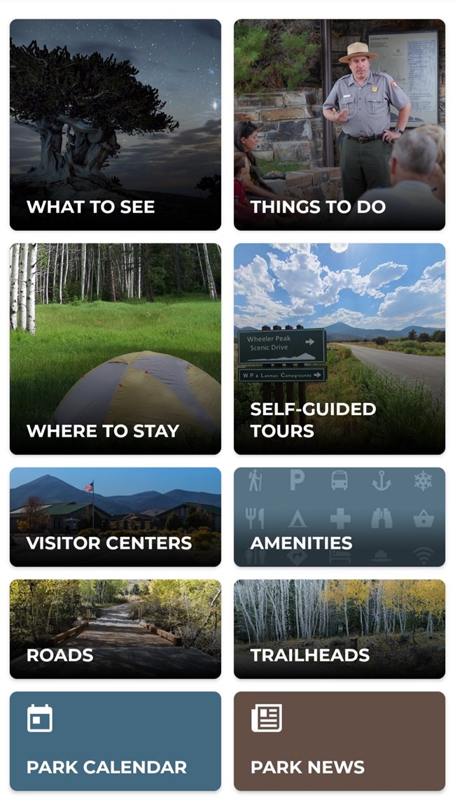 Screenshot of images from the NPS App including "What to see," "Things to do," and more