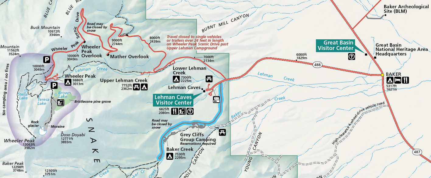 A color image of a selection of the official park map. An orange road cuts through the center to the halfway point, with a blue highlighted grey road veering out of the bottom near its end in the center of the image