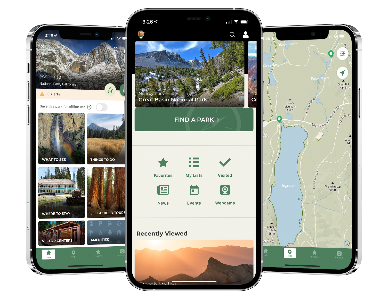Three phones standing next to each other showing the National Park Service App