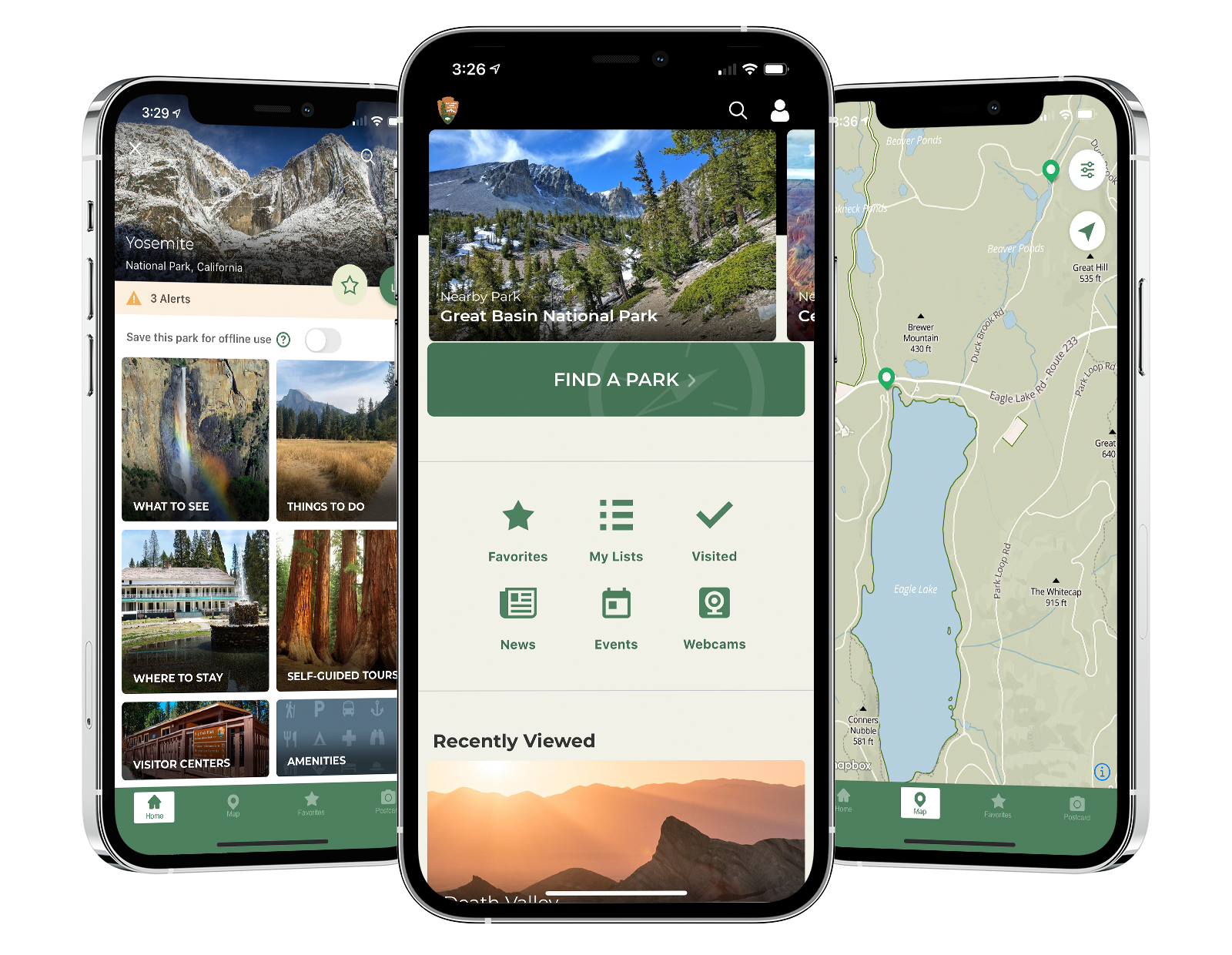 NPS GRBA App Three phones standing next to each other showing the National Park Service App