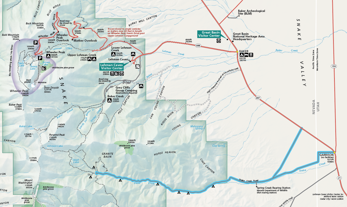 A cropped image of the official map of the national park, with snake creek road near the bottom highlighted in blue. On the east end of the road is a split with a leg that leads to highway 487 between Baker and Garrison or the other leg to Garrison proper