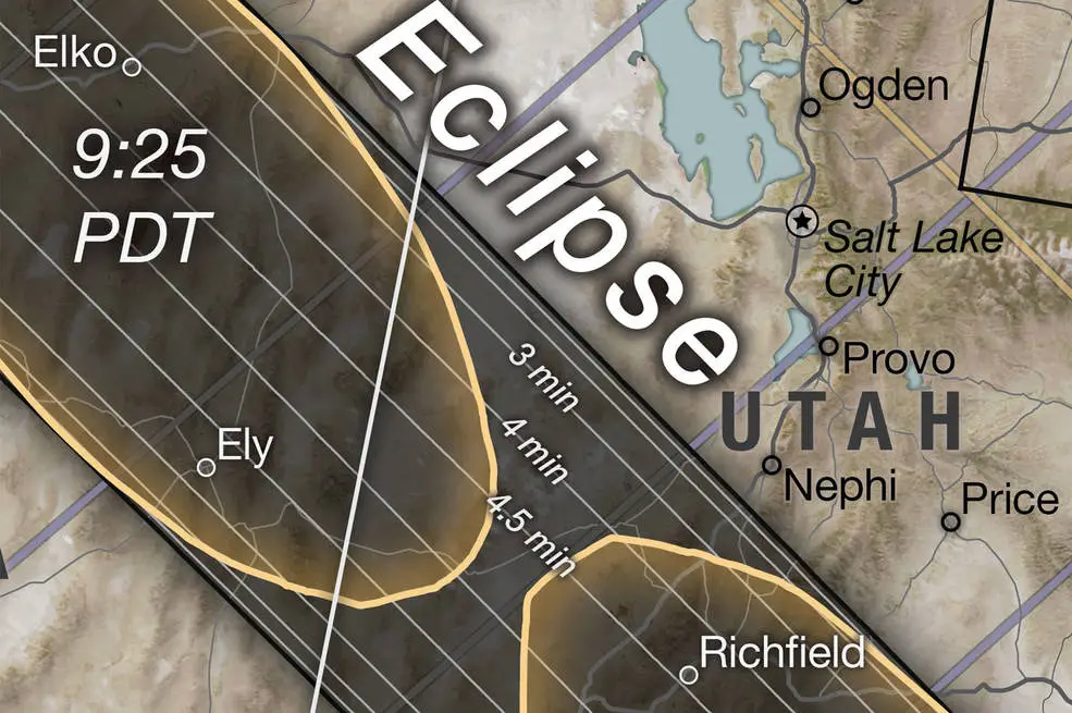 A small selection of a map. Within its bounds are eastern Nevada and Western Utah, stretching from Elko, NV to Price, UT. A golden circle represents the shadow of the eclipse with the text "9:25PDT" present within the shadow.