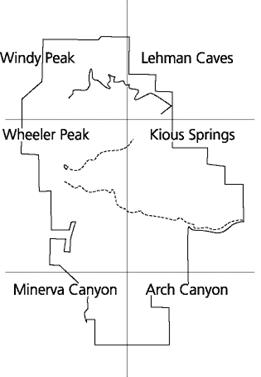 Topographic Map Sections (top To Bottom, Left To Right): Windy Peak, Lehman Caves, Wheeler Peak, Kious Springs, Minerva Canyon, And Arch Canyon - Topographic map sections (top to bottom, left to right): Windy Peak, Lehman Caves, Wheeler Peak, Kious Springs, Minerva Canyon, and Arch Canyon