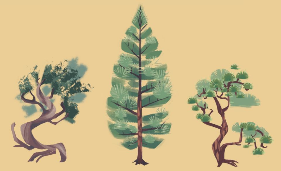 Three stylized, hand-painted trees against a pale yellow background. Illustration by Liz Byrley Three stylized, hand-painted trees against a pale yellow background. Illustration by Liz Byrley