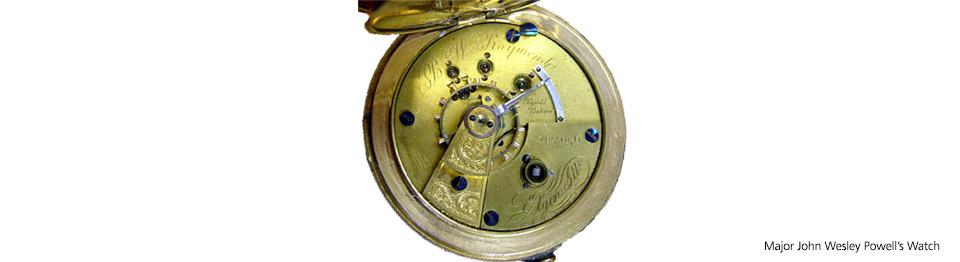 view inside of John Wesley Powell's pocket watch showing regulator. view inside of John Wesley Powell's pocket watch showing regulator.