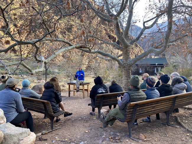 A woman in a blue shirt sits on a wood table under a sycamore tree in the winter. Dozens of people sit in front of her on benches, as she gives a talk.