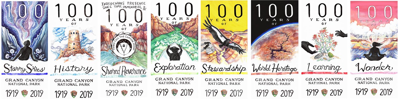 Eight centennial posters that highlight Grand Canyon's unique features.