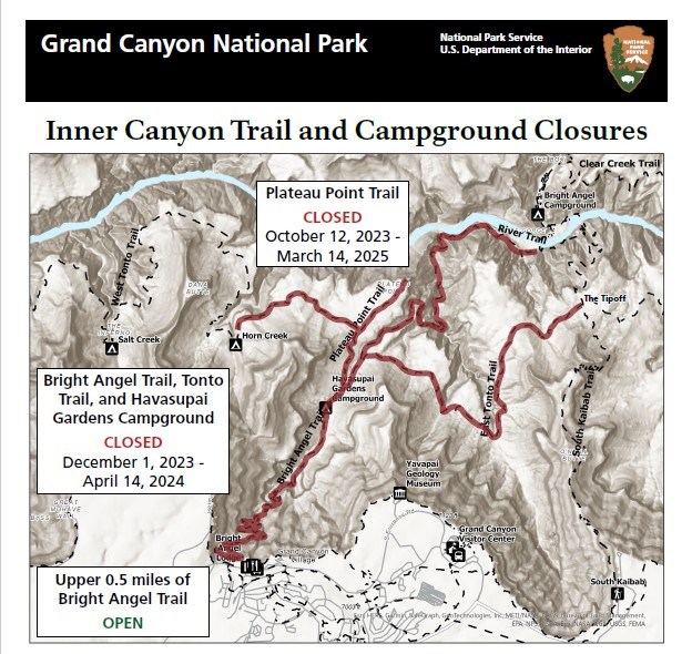 A map of the planned inner canyon trail closures for winter 2023-24