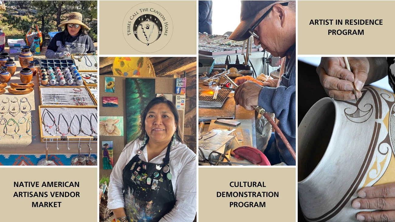 Native American Artisans Vendor Market-NEW Four photos showing a vendor with a table of wares, a painter with paintings behind her, a jeweler with a blow torch, and a painter painting a delicate clay pot