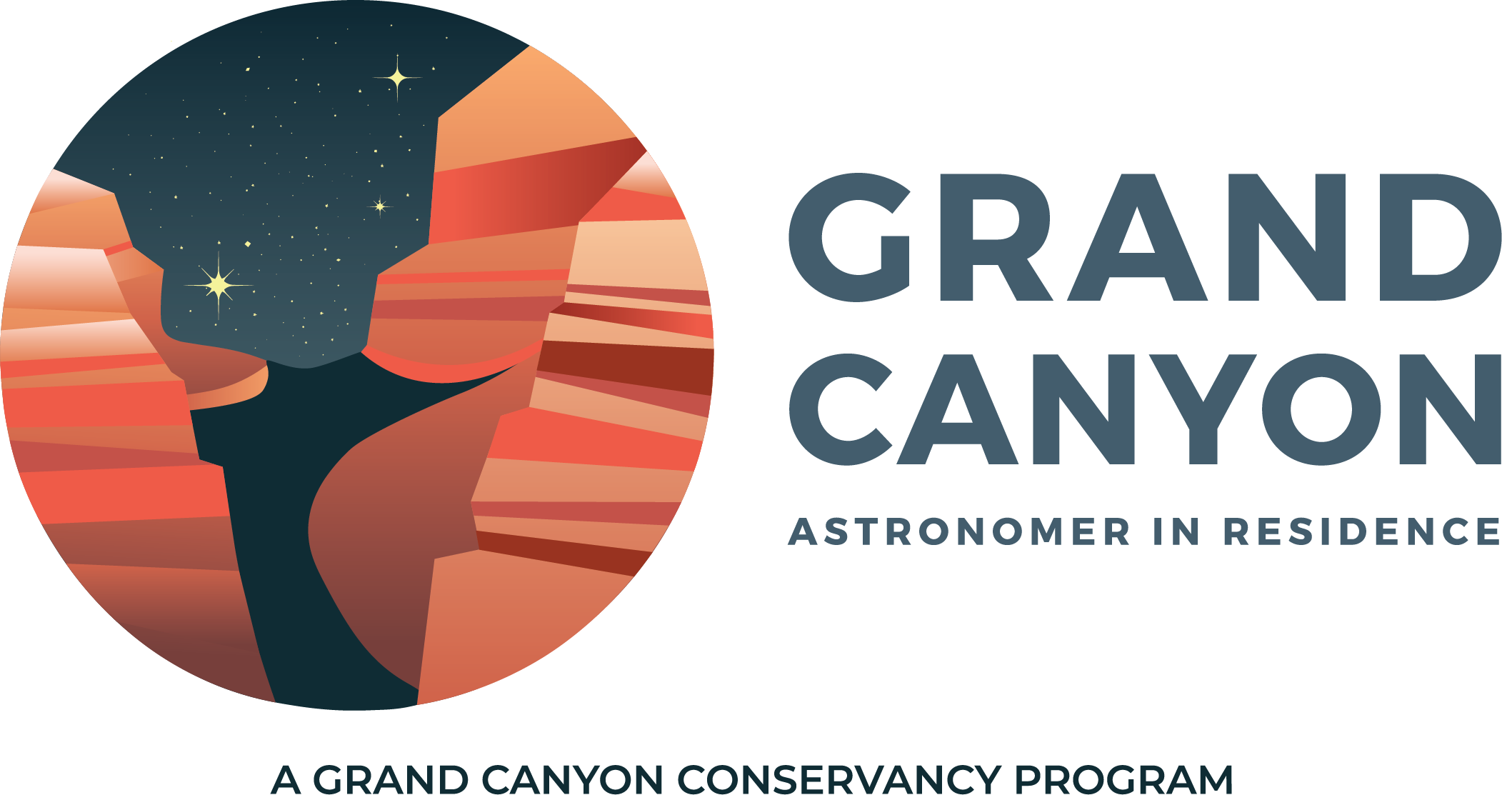Logo, circular graphic with striped reddish cliffs on left and right, a dark blue river below, and a starry sky above. Text reads, "Grand Canyon Astronomer in Residence, a Grand Canyon Conservancy Program."