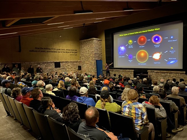 A large theater filled with visitors. An astronomy diagram is on the large projector screen in front.