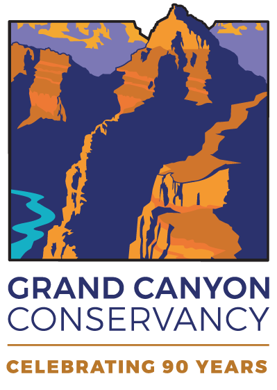 Logo shows a posterized graphic of a peak within Grand Canyon with a river down below. Colors are purple, vermillion and mustard yellow. Text: Grand Canyon Conservancy Celebrating 90 Years.