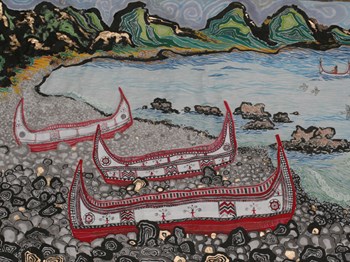 Native Boats; mixed media painting by Tay Lee