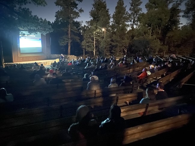 A bright screen in front of a crowd of visitors. They sit on benches in a forested amphitheater.