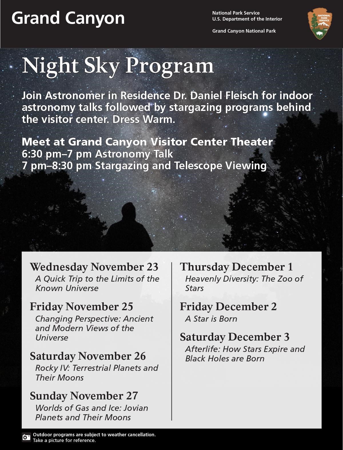 A list of Evening Program topics presented by the Astronomer in Residence. A program flyer with a starry background.
