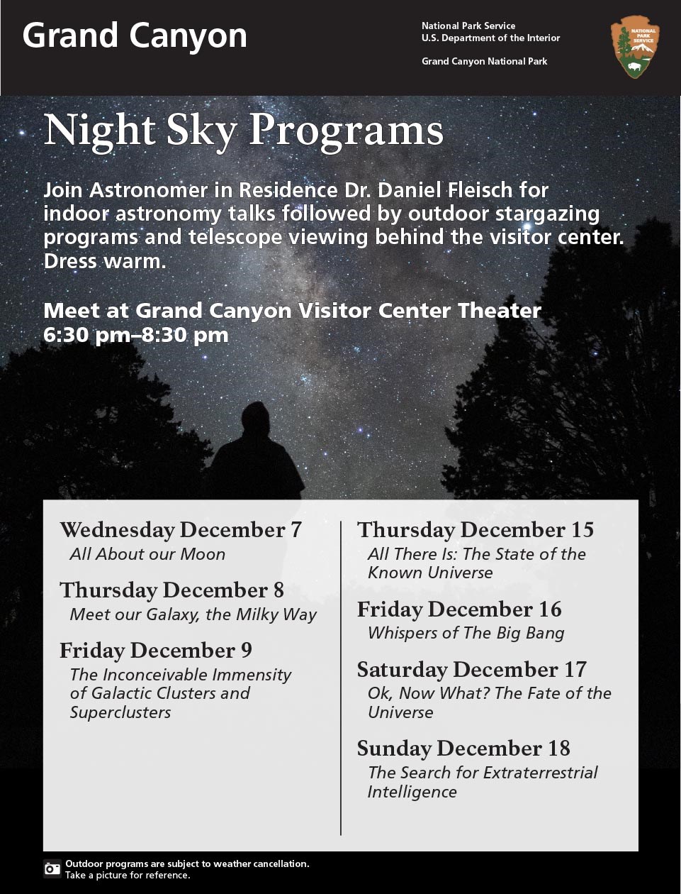 A program flyer with a starry background. Text in the foreground showing the titles of Dr. Fleisch's astronomy programs.