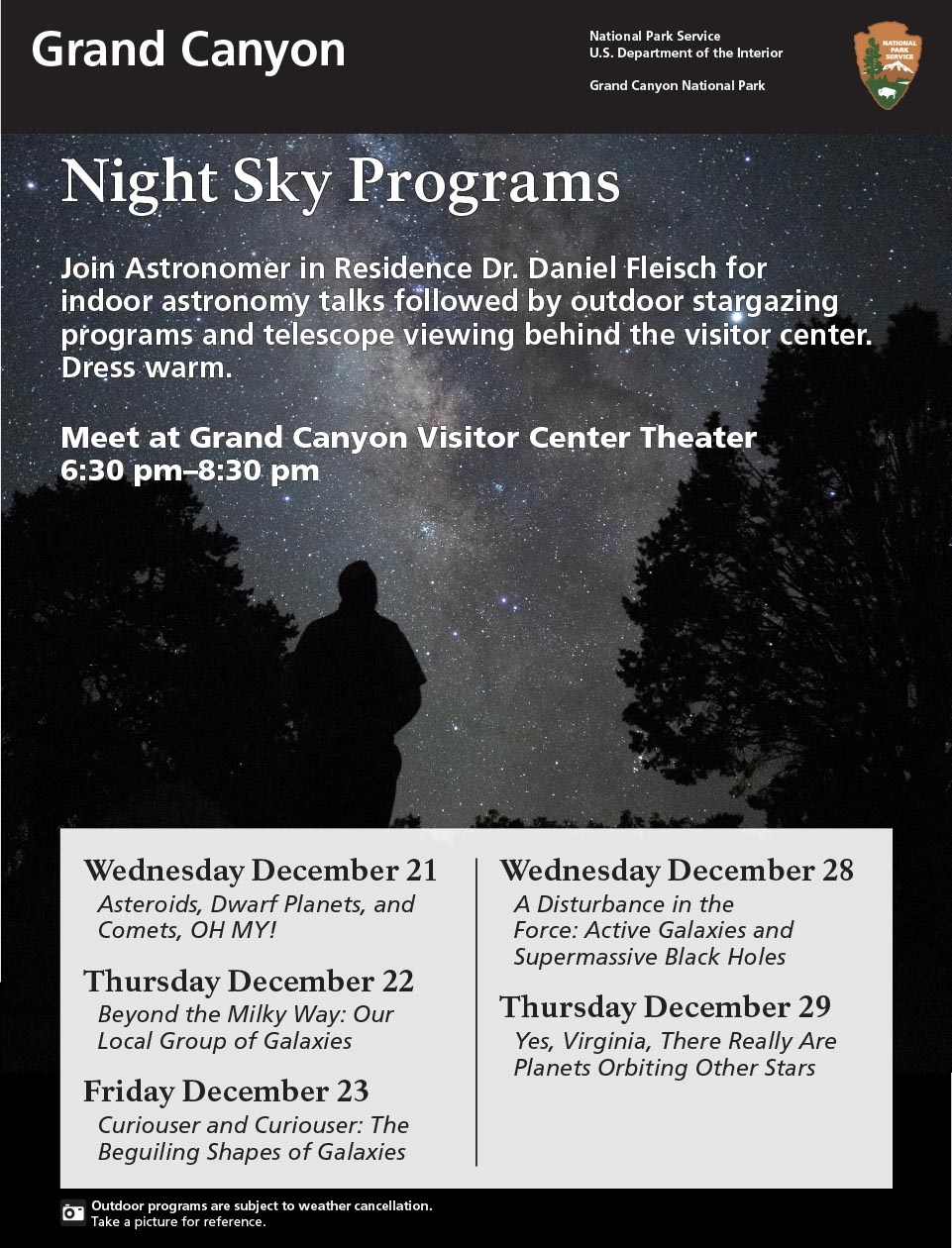 A program flyer with a starry background. The foreground is text showing the titles of Dr. Fleich's programs.