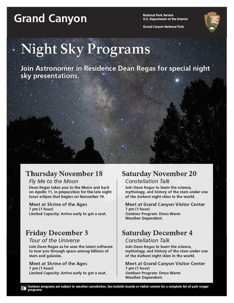A silhouetted man stands in front of the Milky Way. Text below describes public programs. The text on the image is summarized in this article above.