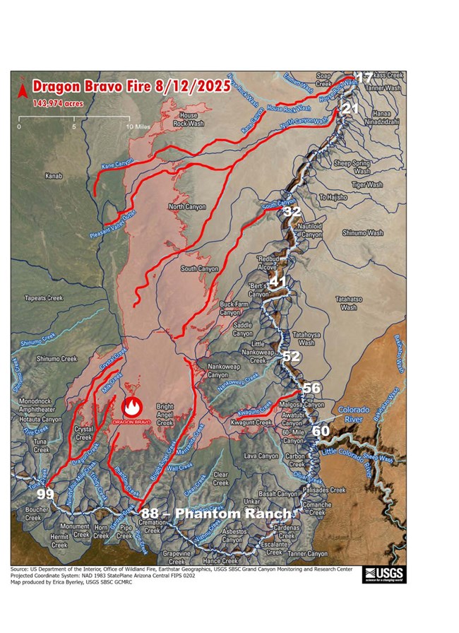 A map of the extent of the Dragon Bravo Fire and associated side canyons that are at increased risk of flash floods