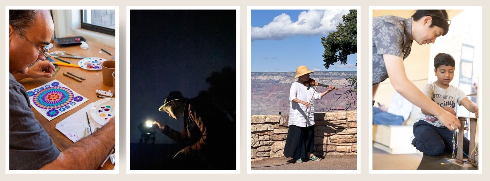 A series of four photos with an astronomer, a painter, a violinist, and an educator