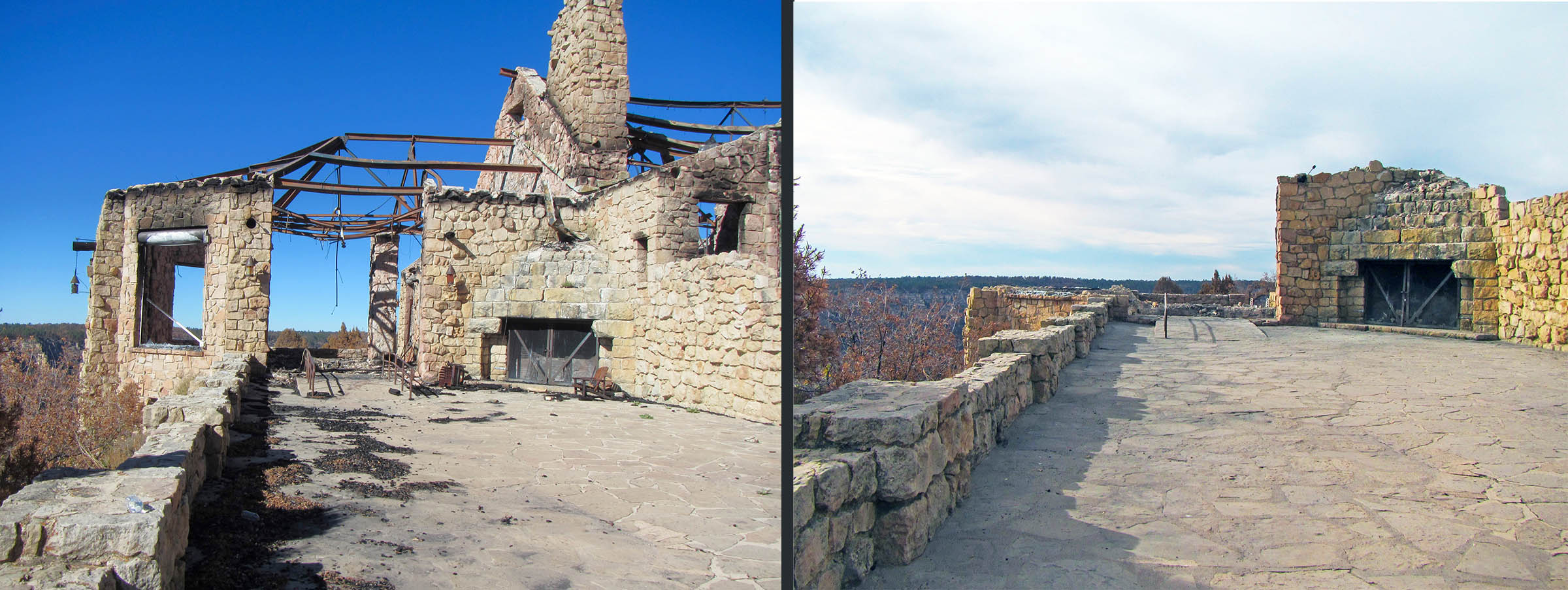 A photo comparison showing remnant stone of the Grand Canyon Lodge pre and post demolition