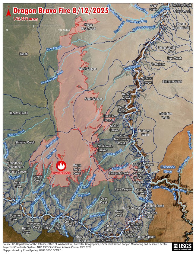 A map showing the extent of the Dragon Bravo Fire and the associated side drainages that could be impacted