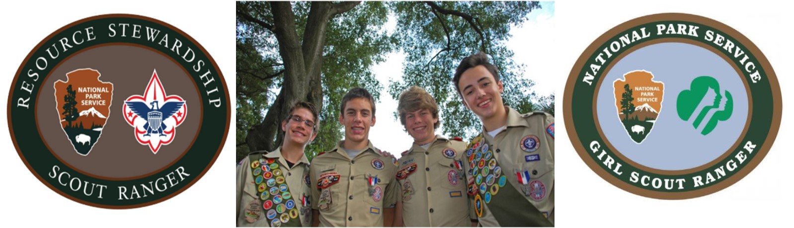Scout Patches bookend a photo of 4 boy scouts in scout uniforms looking at the camera. Scout Patches bookend a photo of 4 boy scouts in scout uniforms looking at the camera.