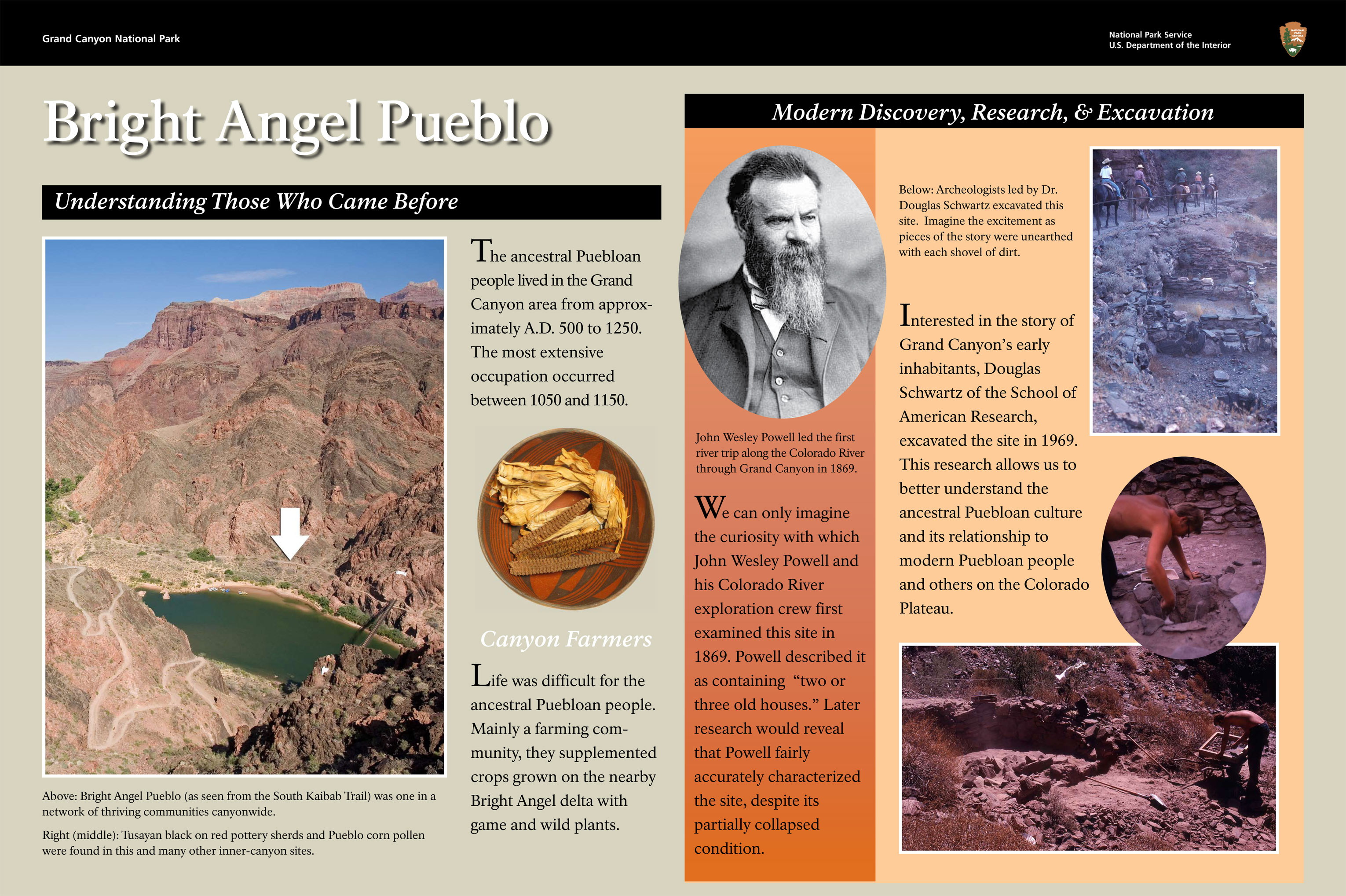 Bright Angel Pueblo exhibit themes: Those who came before and Modern Discovery, Research and Excavation. Shows locational photo by Colorado River below canyon walls, and archaeologists working at the site.