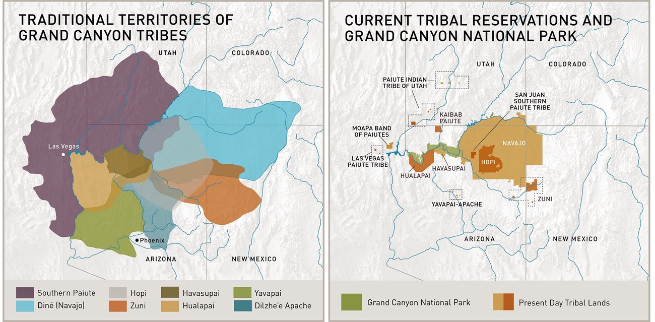 Two maps side by side showing the traditional homelands of Grand Canyon's 11 associated tribes and their current reservation lands today.