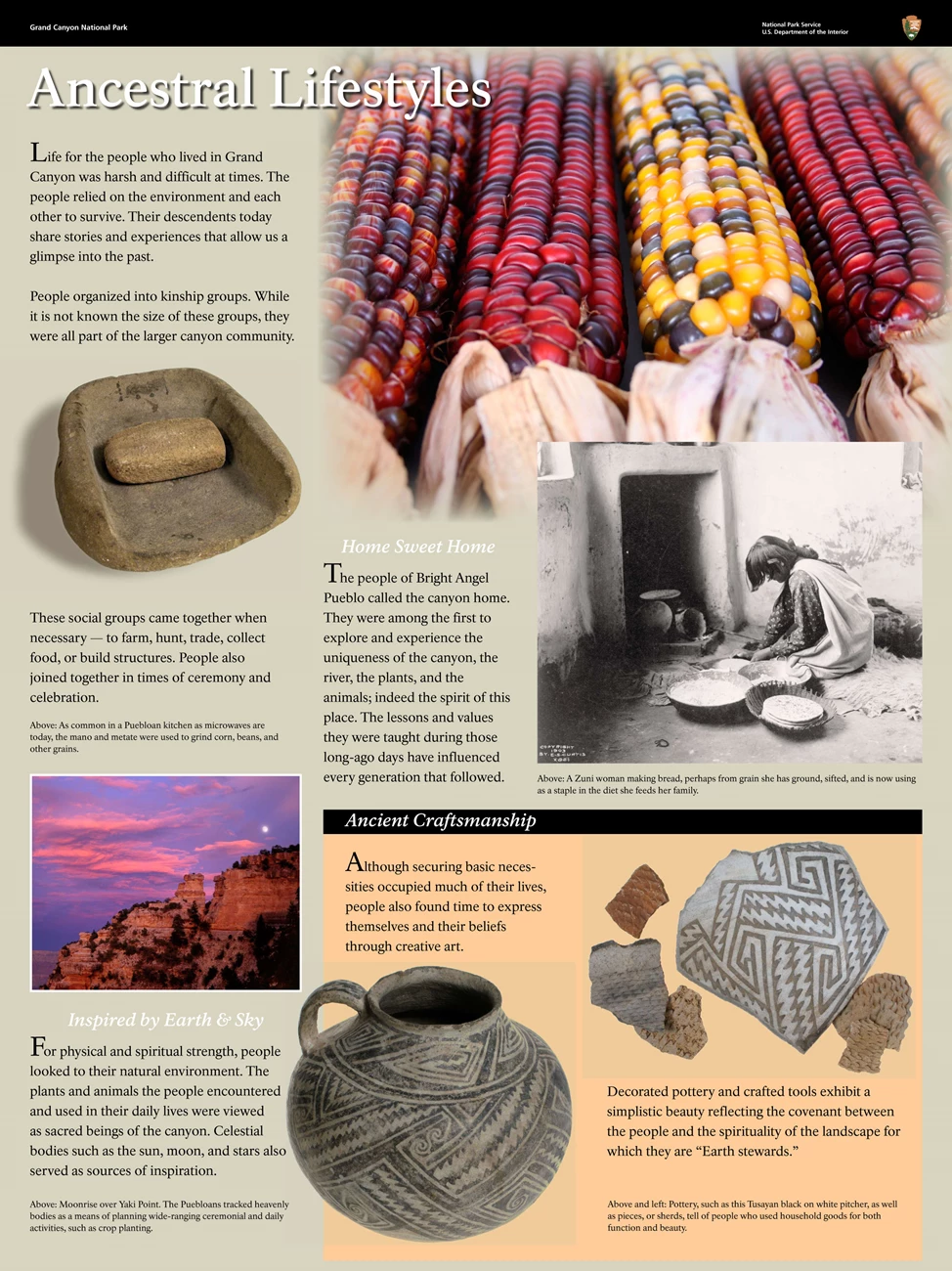 4 BA Pueblo Exhibit 4BA_Pueblo Exhibit: Ancestral Lifestyles inspired by earth and sky. shows colorful corn ears, corn grinding stones, historic photo of a woman making bread, decorated pottery and crafted tools.