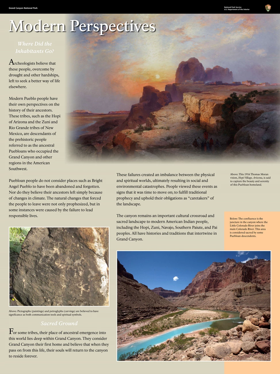 5BA_Pueblo entitled: Modern Perspectives, Where Did the Inhabitants Go? Shows painting of ancestral village atop a mesa, a rock art panel, and a turquoise blue river flowing beneath canyon walls. People may have left because of hardships.