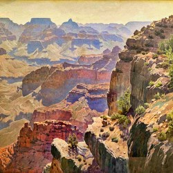 Painting of cliffs with canyon in background