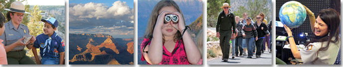 collage of 5 square photos, a ranger showing a cub scout a rock, a jagged peak within the canyon, a girl looking through binoculars, a ranger leading a group of kids, a ranger holding a world globe. collage of 5 square photos, a ranger showing a cub scout a rock, a jagged peak within the canyon, a girl looking through binoculars, a ranger leading a group of kids, a ranger holding a world globe.