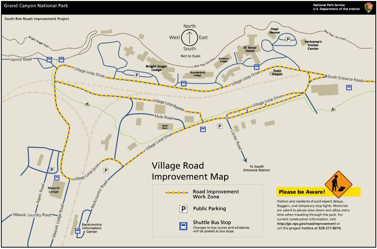 Road map indicating construction zones in Grand Canyon Village