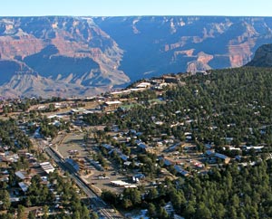 aerial view of grand canyon village looking north to the canyon. aerial view of grand canyon village looking north to the canyon.