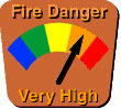 Fire danger chart with bands of blue, green, yellow, orange, and red. Arrow points to orange, indicating very high fire danger.