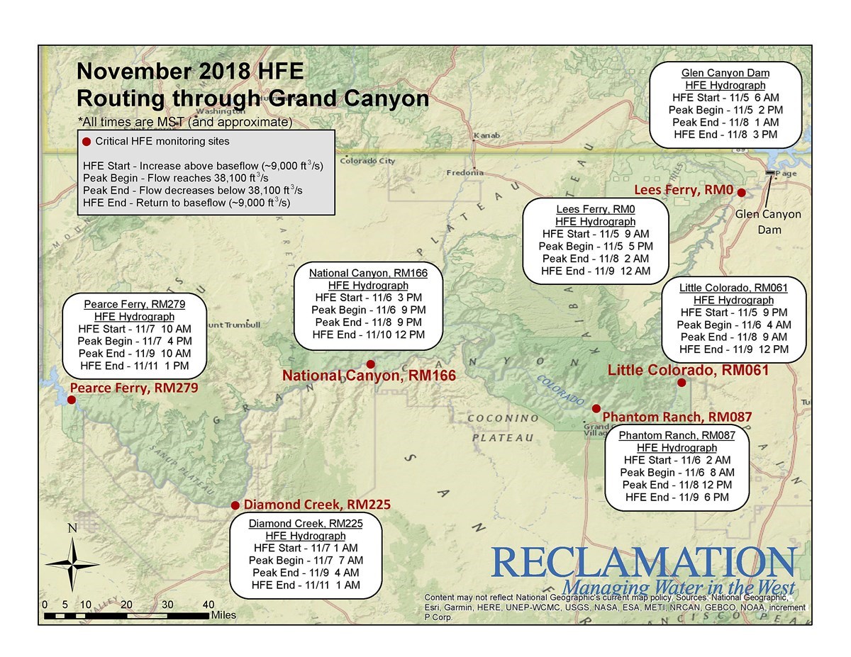 2018 High flow arrival times at key downstream locations in Grand Canyon National Park, including Lees Ferry, The Little Colorado River, Phantom Ranch, National Canyon and Pearce Ferry. It tales a couple days for the peak flow to arrive at Pearce Ferry.