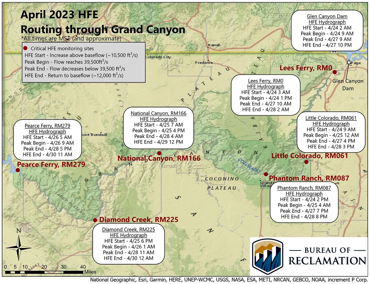Map detailing the High Flow routing through Grand Canyon, April 24 through 27, 2023 showing when the peak water flow arrives the critical monitoring sites: Lees Ferry, Little Co River, Phantom Ranch, National Canyon, Diamond Creek and Pearce Ferry.