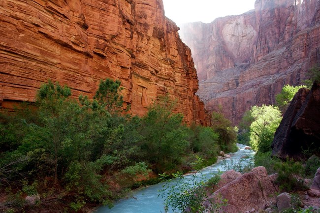 The stark blue waters of Havasu creek with steep canyon walls on either side