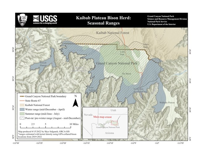 A map showing the seasonal ranges of the Kaibab Plateau Bison herd