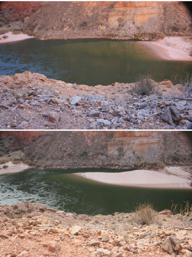 Photo comparison of a sandbar below a cliff along the Colorado River. Top photo shows sandbar before the high flow; it takes up 1/5 of the width of the photo. The after photo shows a sandbar more that 1/2 the width of the photo