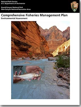 Front cover of the Comprehensive Fisheries Management Plan shows a view looking the blue-green water of Havasu Creek. An insert photo shows human hands holding a humpback chub.