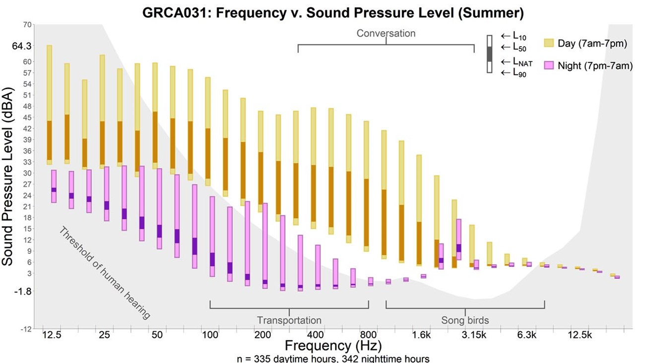 graph shows the noise level on the y-axis on the left and the pitch (frequency) on the x-axis on the bottom. The graphs shows that there are significantly higher sound levels during the day due to anthropogenic noise.